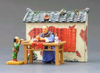 Image of Chinese Festival Sign Writer Set--two figures, barrel, table, & wall