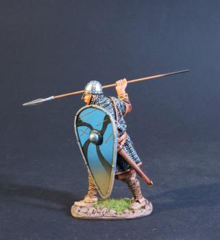 Image of Norman Spearman (thrusting overhand,4 black wavy lines on blue shield ), The Norman Army, The Age of Arthur--single figure--RETIRED--LAST ONE!!