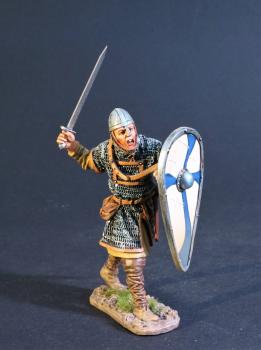Image of Norman Swordman (sword above head, blue cross on white shield), The Norman Army, The Age of Arthur--single figure--RETIRED--LAST ONE!!