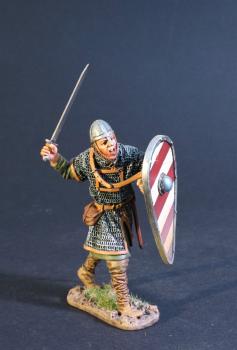 Image of Norman Swordman (sword above head, white & red striped shield), The Norman Army, The Age of Arthur--single figure--RETIRED--LAST ONE!!