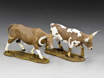 Texas Longhorns (Set #4)--two cattle figures (mostly brown & brown and white) #44401