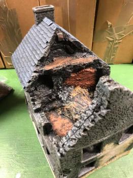 Destroyed Stone House (slate roof)--11.5 in. x 8.0 in. x 10.5 in. - FULLY PAINTED--AWAITING RESTOCK. #44539