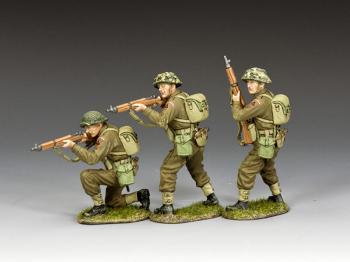 Riflemen in Action Set, 1st Bttn. of The South Lancashire Rgt., 3rd Inf. Div. (grass base)--three WWII British figures Riflemen in Action Set, 1st Bttn. of The South Lancashire Rgt., 3rd Inf. Div. (grass base)--three WWII British figures #44631