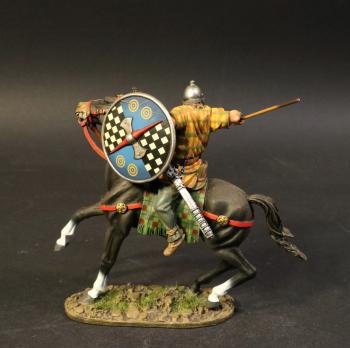 Image of Gaul Cavalry #5A (round shield (quartered: black/white checks and blue with two round gold designs)), Ancient Gauls, Armies and Enemies of Ancient Rome--single mounted figure Image of Gaul Cavalry #5A (round shield (quartered: black/white checks and blue with two round gold designs)), Ancient Gauls, Armies and Enemies of Ancient Rome--single mounted figure