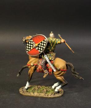 Image of Gaul Cavalry #5B (round shield (quartered: black/white checks and red)), Ancient Gauls, Armies and Enemies of Ancient Rome--single mounted figure Image of Gaul Cavalry #5B (round shield (quartered: black/white checks and red)), Ancient Gauls, Armies and Enemies of Ancient Rome--single mounted figure