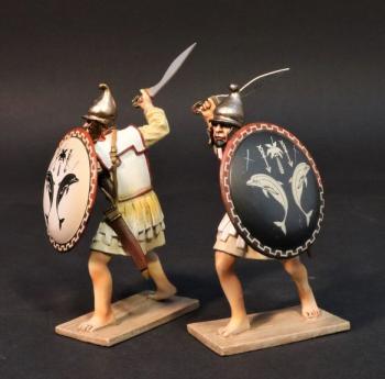 Two Marines (tan shield with two black dolphins, black shield with two white dolphins), The Carthaginians, Armies and Enemies of Ancient Rome--two figures #24