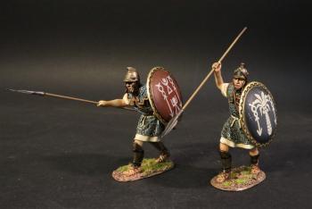Image of Carthaginian Infantry with Spears (black triangle man on white shield, white triangle men and designs on black shield), The Carthaginians, Armies and Enemies of Ancient Rome--two figures