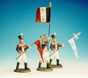 Officer with Emperors Colours & NCO's, 4th Centre Company, 54th Line Infantry Regiment, French Army--three figures with flags--RETIRED--LAST ONE!! #1070