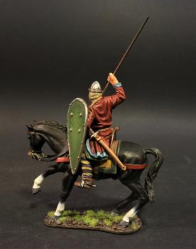 Breton Cavalry Ready to Thrust Spear down (green kite shield), The Norman Army, The Age of Arthur--single mounted figure with spear #45294
