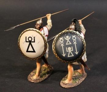 Image of Libyan Infantry with Spears Ready to Throw Set #4A (white shield with black stick figure, black shield with multiple white stick figures), The Carthaginians, Armies and Enemies of Ancient Rome--two figures--RETIRED--LAST TWO!!