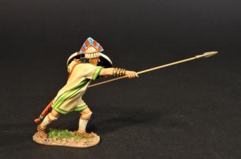 Trojan Warrior thrusting spear up and forward (tan tunic w/green trim, white and brown shield), Troy and Her Allies, The Trojan War--single figure with spear Trojan Warrior thrusting spear up and forward (tan tunic w/green trim, white and brown shield), Troy and Her Allies, The Trojan War--single figure with spear #45429