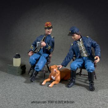 “Good Friends and Good Conversation” Two Seated Union Officers with Dog--three figures #0